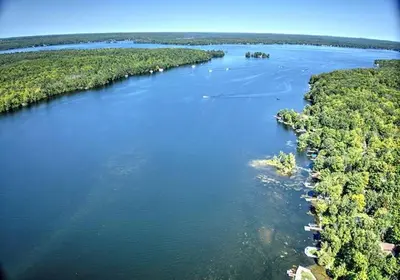an aerial view of a river with trees and water at Cozy & Pet-Friendly 3BR Retreat in Bobcaygeon in Bobcaygeon