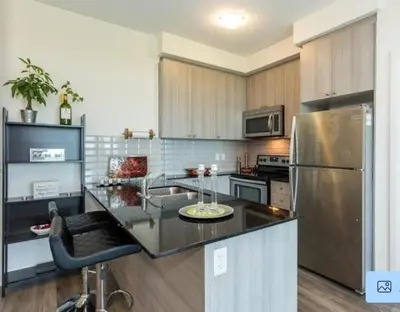 a kitchen with a stainless steel refrigerator and cabinets at Aseesniwas in Brampton