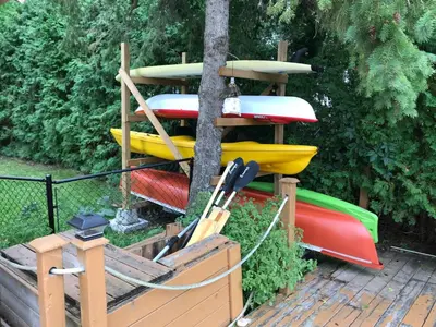 a group of surfboards sitting on a tree at Beautiful Four Bedroom Lagoon City Waterfront Home in Brechin