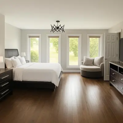 a bedroom with a bed and a couch and windows at Fieldstone & Sky in Frankford