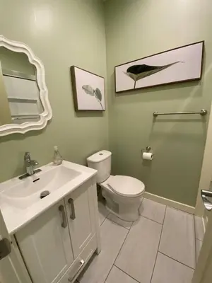a bathroom with a white toilet and a sink at Central Picton Apartment, Sleeps 8; The Iron Horse in Picton