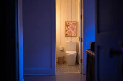 a blue door leading to a bathroom with a toilet at Sun-Filled Century Home in Hamilton