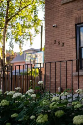 a fence with white flowers in front of a building at Sun-Filled Century Home in Hamilton
