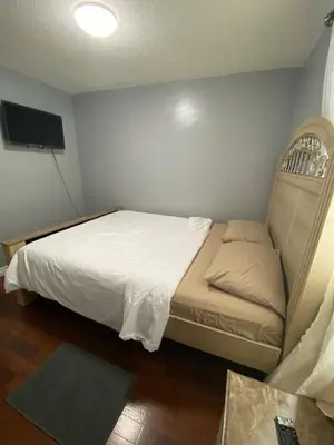 a small bedroom with a bed and a flat screen tv at 2-3 Bedroom Friends or Family Dwelling in Brampton
