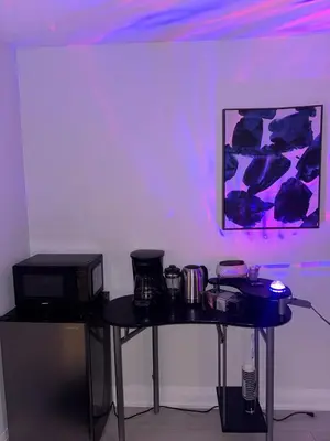 a room with a table with a microwave and a picture at Entire unit seprate entrance in Richmond Hill