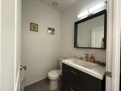 a bathroom with a sink and a toilet and a mirror at Luxury 2-Story loft in downtown in Toronto