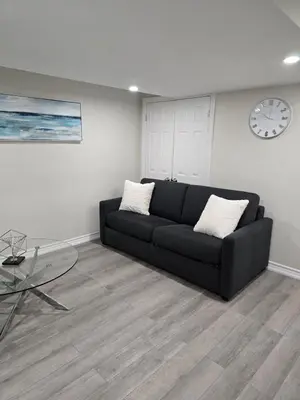 a living room with a black couch and a clock at Charming Suite in Cambridge