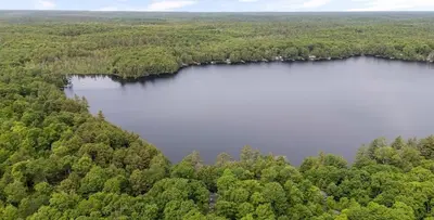 an aerial view of a lake in the middle of a forest at Sunset Heaven 3 Bedroom Lakefront Retreat in Bracebridge