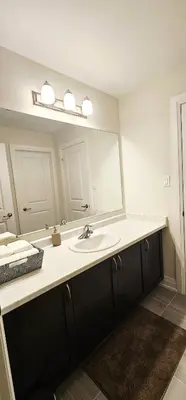 a bathroom with a sink and a large mirror at Muskoka Luxury Getaway in Gravenhurst