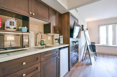 a kitchen with a sink and a refrigerator at The King Studio Sauna Haven in Shanty Bay
