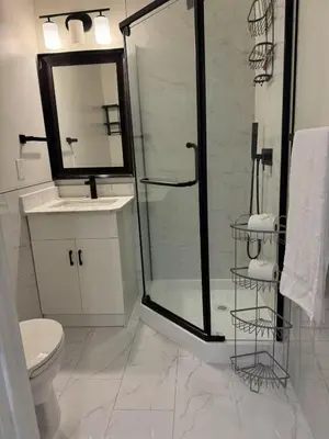 a bathroom with a shower and a toilet and a sink at Comfortable waterfront vacation Keswick in Georgina