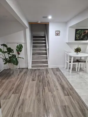 a room with a staircase and a table with a plant at Equipped Basement Great Location in London