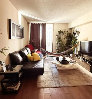 a living room with a couch and a television at DT Apt great view whit garden in Toronto