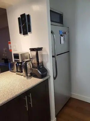 a kitchen with a counter top with a refrigerator at DT Apt great view whit garden in Toronto