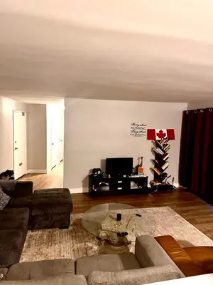 a living room with a couch and a tv at Modern Suite, 1 Guest Room in St. Catharines