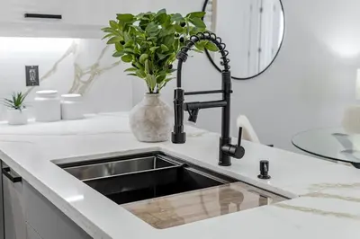 a kitchen counter with a sink and a vase with a plant at The Millertime Experience in Brantford