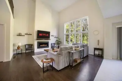 a living room with a couch and a fireplace at Severn Woodland in Severn