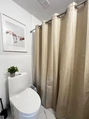 a bathroom with a toilet and a shower curtain at Upper Beaches Apartment in Toronto