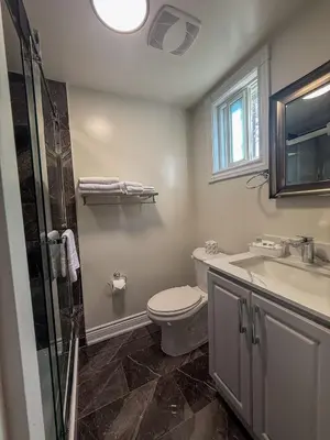a bathroom with a toilet and a sink and a shower at Sunrise Motel in Owen Sound