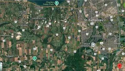 a map of a city with streets and buildings at Two Adjacent Modern Homes in West Niagara Sleep 16 in Thorold