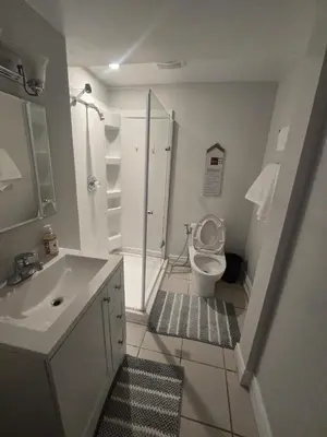 a bathroom with a toilet and a shower and a sink at Private in Mississauga