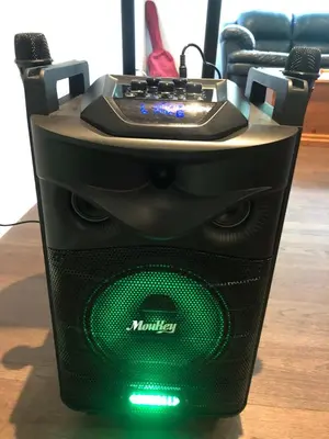 a black computer speaker with a green light at Hot Tub BANYA Sauna True Cottage experience in Innisfil