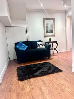 a living room with a black couch and a table at Quincy Home in Mississauga