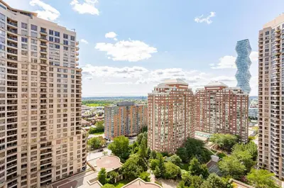 an aerial view of a city with tall buildings at SkyView 2BR Plus Den Stunning Views Steps to SQ1 Mall in Mississauga