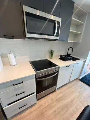 a kitchen with a stove and a microwave at Vibrant 1 Bedroom Condo Apt in Toronto