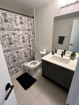 a bathroom with a toilet and a sink and a mirror at Vibrant 1 Bedroom Condo Apt in Toronto