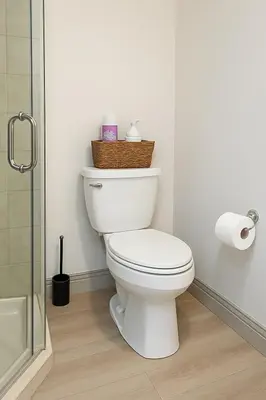 a bathroom with a toilet with a basket on top of it at King Bed Suite with Pool and Hot Tub Access in Shanty Bay