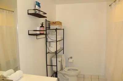 a bathroom with a toilet and shelves on the wall at The Nest in Toronto