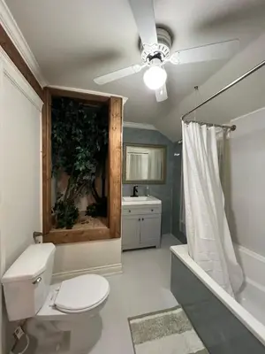 a bathroom with a toilet and a shower and a sink at Carlton House in Toronto