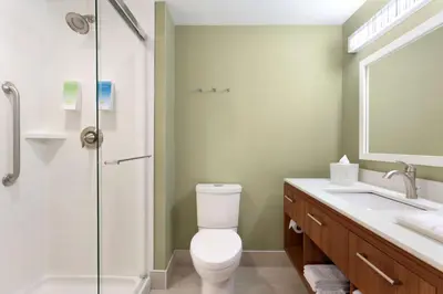 a bathroom with a toilet and a shower and a sink at Home2 Suites by Hilton Milton Ontario in Milton