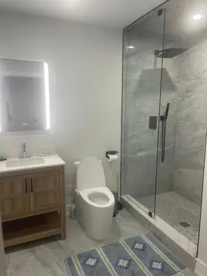 a bathroom with a shower and a toilet and a sink at Self contained lower level 1 Bedroom apartment in Oshawa