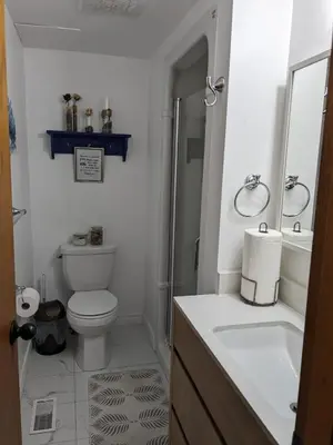 a bathroom with a toilet and a sink and a mirror at Cozy home away from home, close to hospital, college, and university with free parking in Peterborough