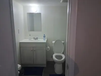 a bathroom with a toilet and a sink and a mirror at Beautiful&Spacious 2 Bedroom Basement Family Suite in Bradford