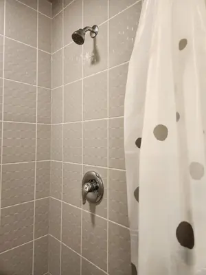 a bathroom with a shower with a shower curtain at Cozy Home for 10 people in Kitchener