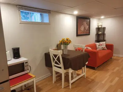 a living room with a table and a couch at 75 inch high mud house with separate entrance and exit, one bedroom, one living room, private bathroom, there is a cute cat, a few minutes walk to many restaurants, 8 minutes drive to the big waterfall in Niagara Falls