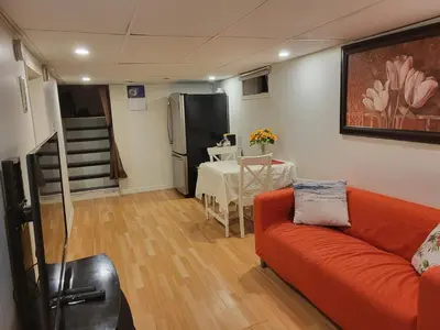 a living room with an orange couch and a table at 75 inch high mud house with separate entrance and exit, one bedroom, one living room, private bathroom, there is a cute cat, a few minutes walk to many restaurants, 8 minutes drive to the big waterfall in Niagara Falls
