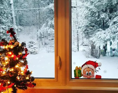 a christmas tree in front of a window at Olga's Bay Lake House in Minett