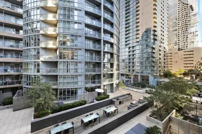 an aerial view of a city with tall buildings at Trendy 1BR Condo Free Parking Downtown Toronto in Toronto