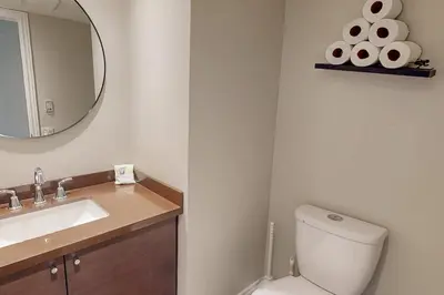 a bathroom with a toilet and a sink and a mirror at Sierra Lane 218 in Blue Mountains