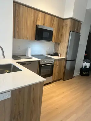 a kitchen with wooden cabinets and a stainless steel refrigerator at Luxury Condo with Hottub, outdoor firepit & Bowlin in Kitchener