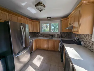 a kitchen with wooden cabinets and a stainless steel refrigerator at Red Brickhouse Lakefront Cottage in Brechin
