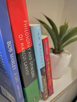 a group of books on a shelf with a potted plant at Your cozy Caribbean-inspired stay just 1 hour north of Toronto in Alliston