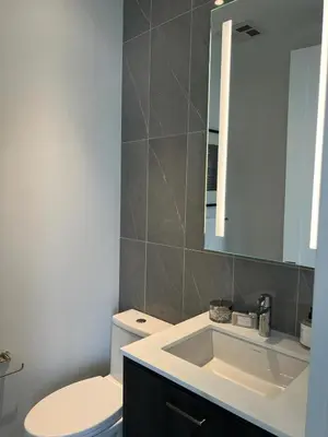 a bathroom with a toilet and a sink and a mirror at INFIVILLA King Suites & Towers Eaton Toronto in Toronto