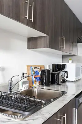 a kitchen counter with a sink and a microwave at Scarborough Oasis near UofT campus, Free Parking in Toronto