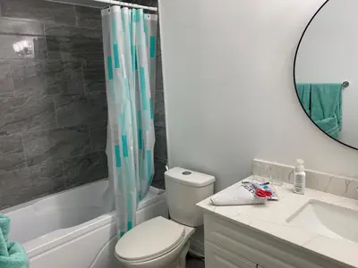 a bathroom with a toilet and a sink and a mirror at The cozy crest in Brampton