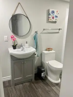 a bathroom with a sink and a toilet and a mirror at Master bedroom in Mississauga